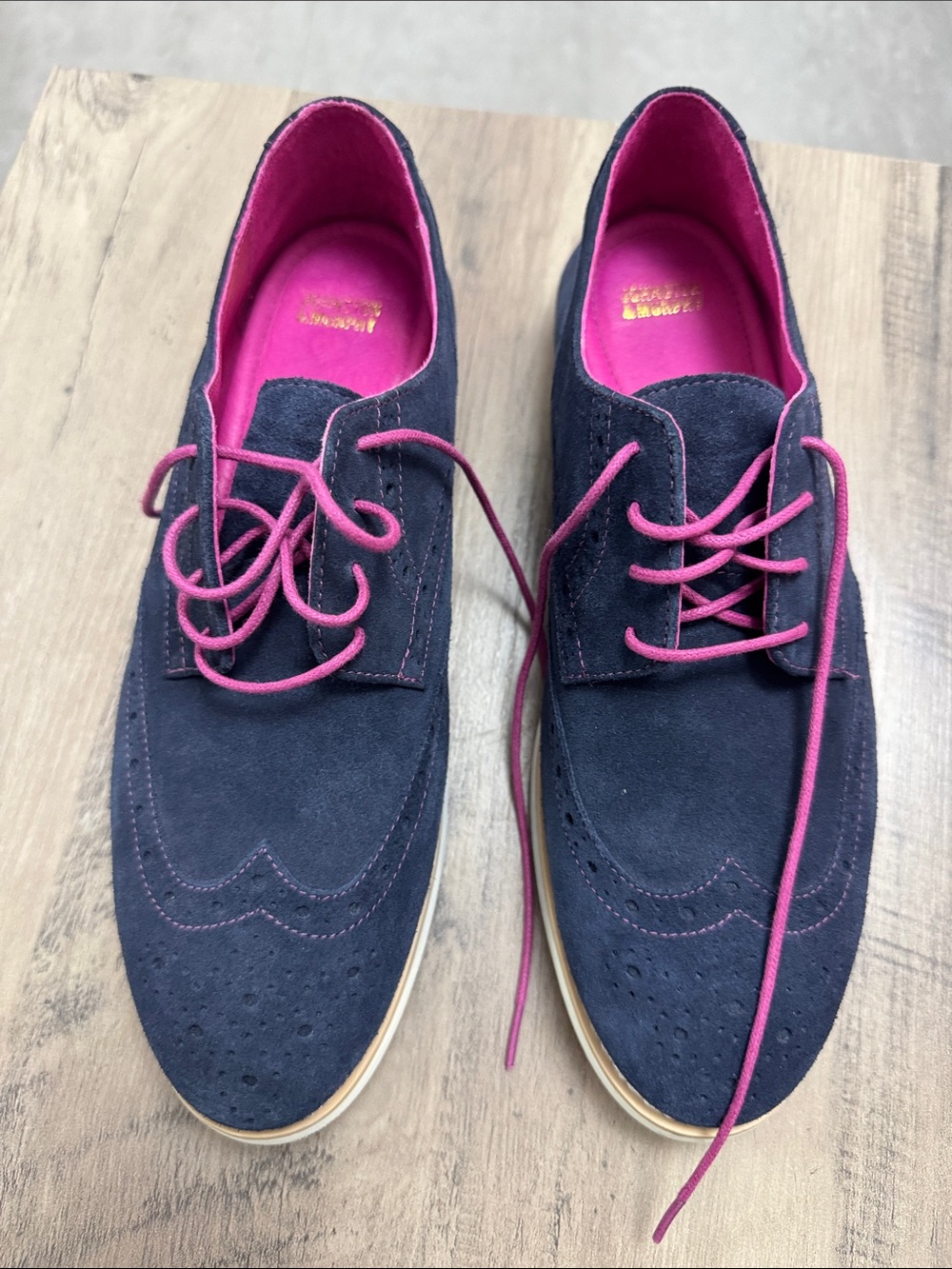 Johnston & Murphy Navy Suede Moccasins with Pink Accents